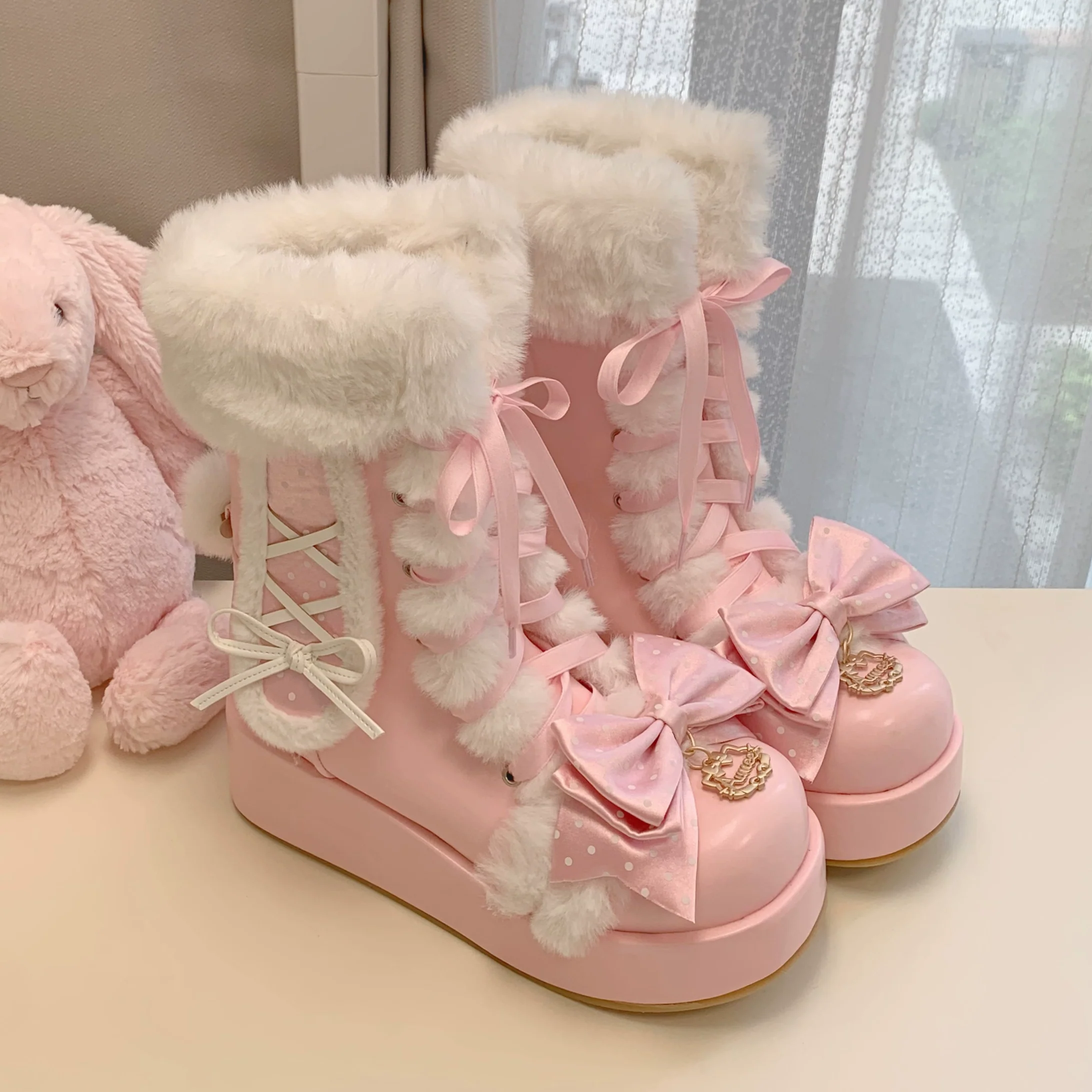 Aimee - Cherry Snow Bunny Ears - Winter Sweet Lolita Boots, Bunny Ears - Image 11