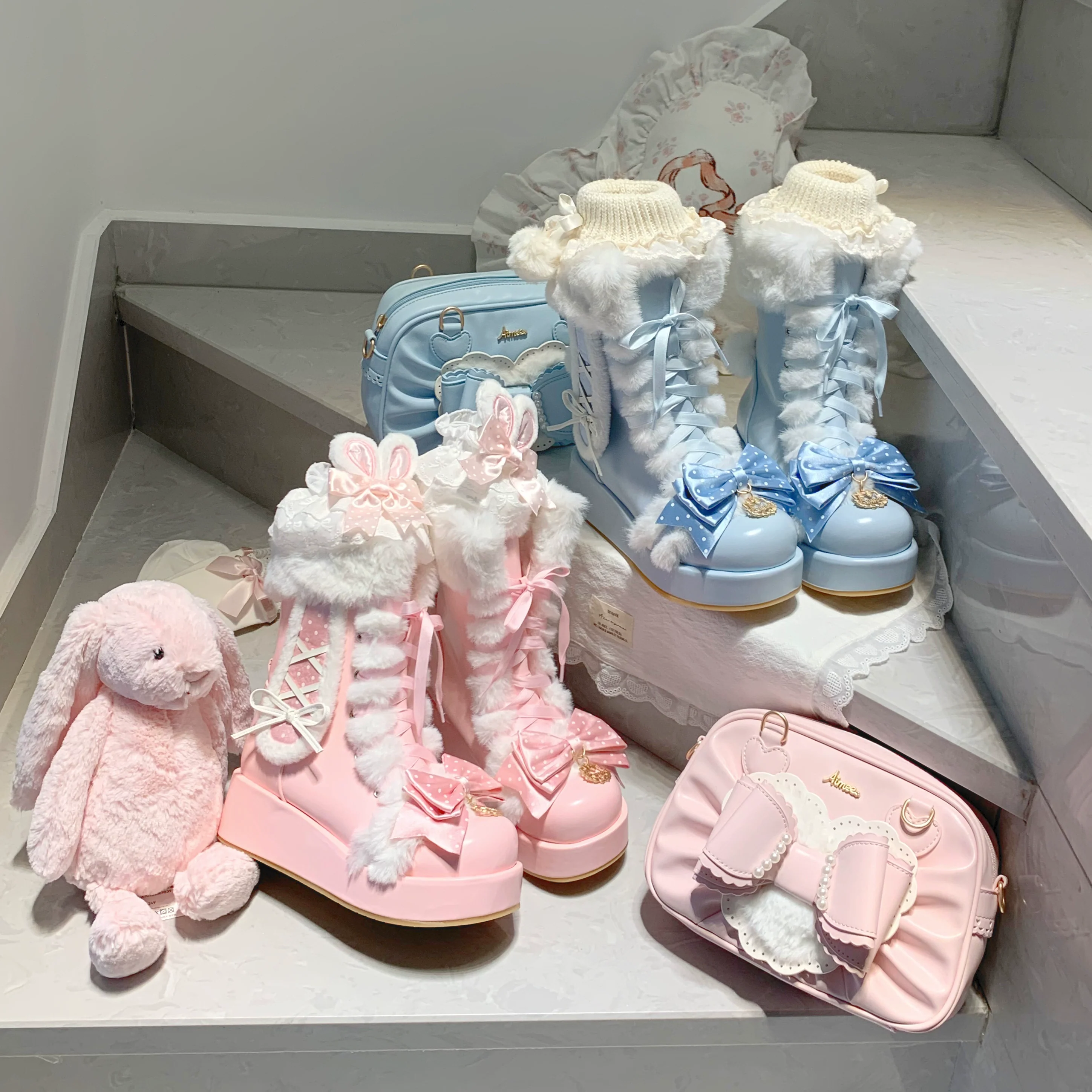 Aimee - Cherry Snow Bunny Ears - Winter Sweet Lolita Boots, Bunny Ears - Image 19