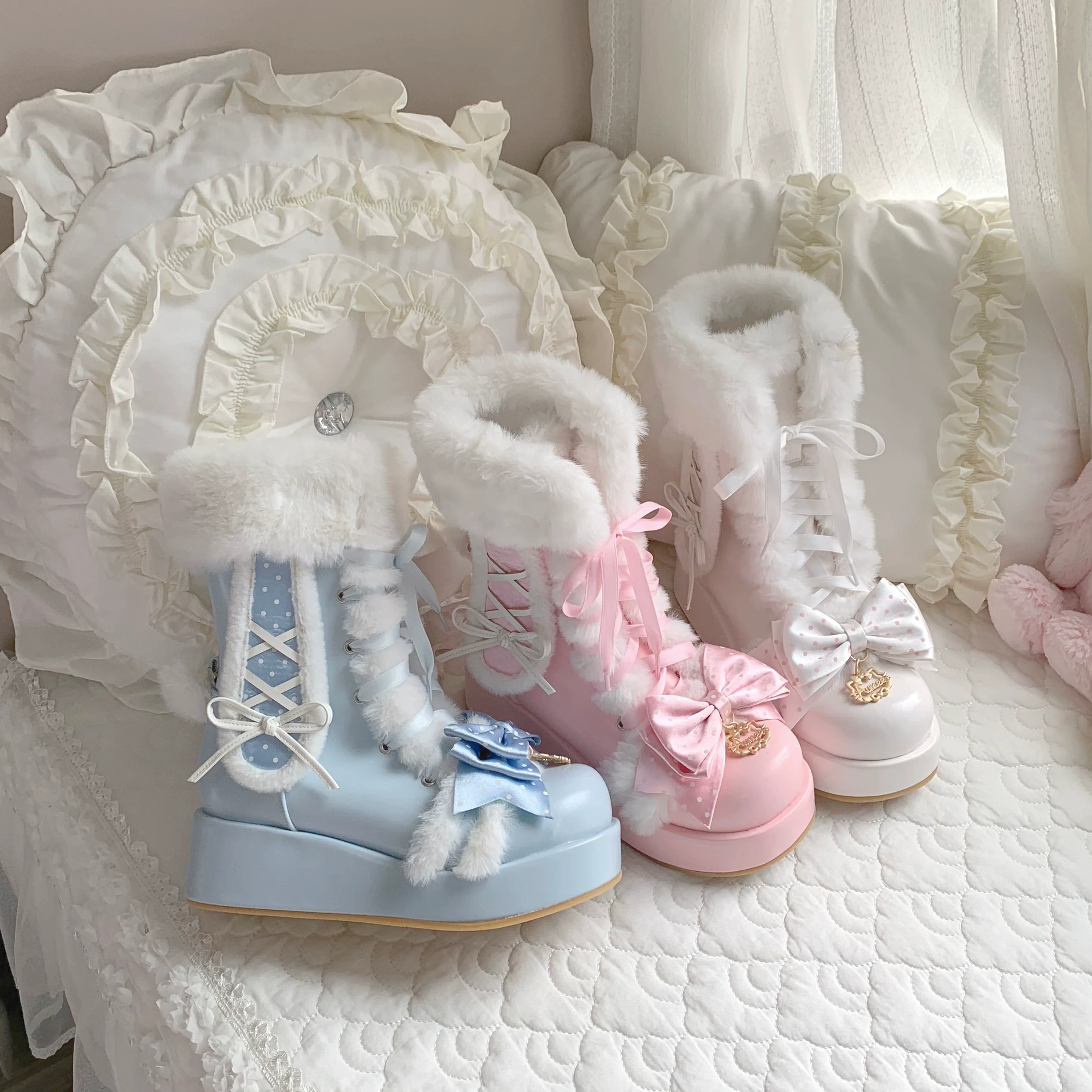 Aimee - Cherry Snow Bunny Ears - Winter Sweet Lolita Boots, Bunny Ears - Image 3