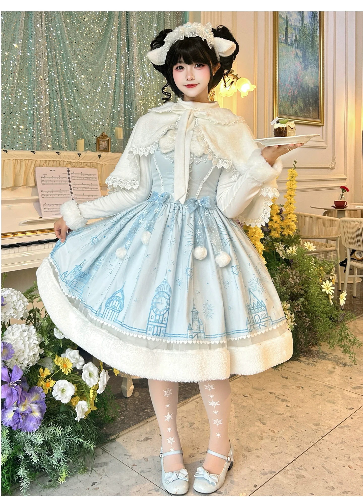 Snow Castle - Winter Sweet Lolita JSK Cape Dress, Blue Castle Print