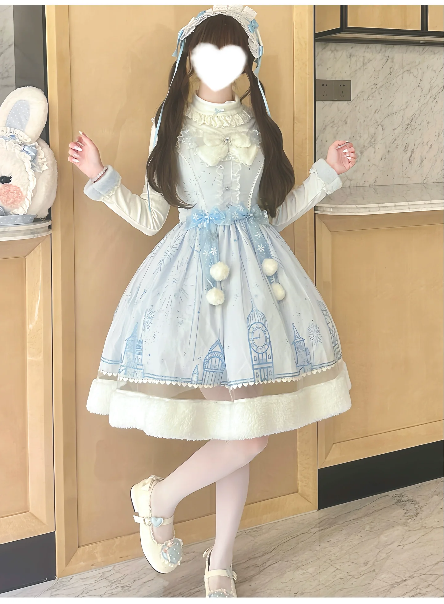Snow Castle - Winter Sweet Lolita JSK Cape Dress, Blue Castle Print - Image 10