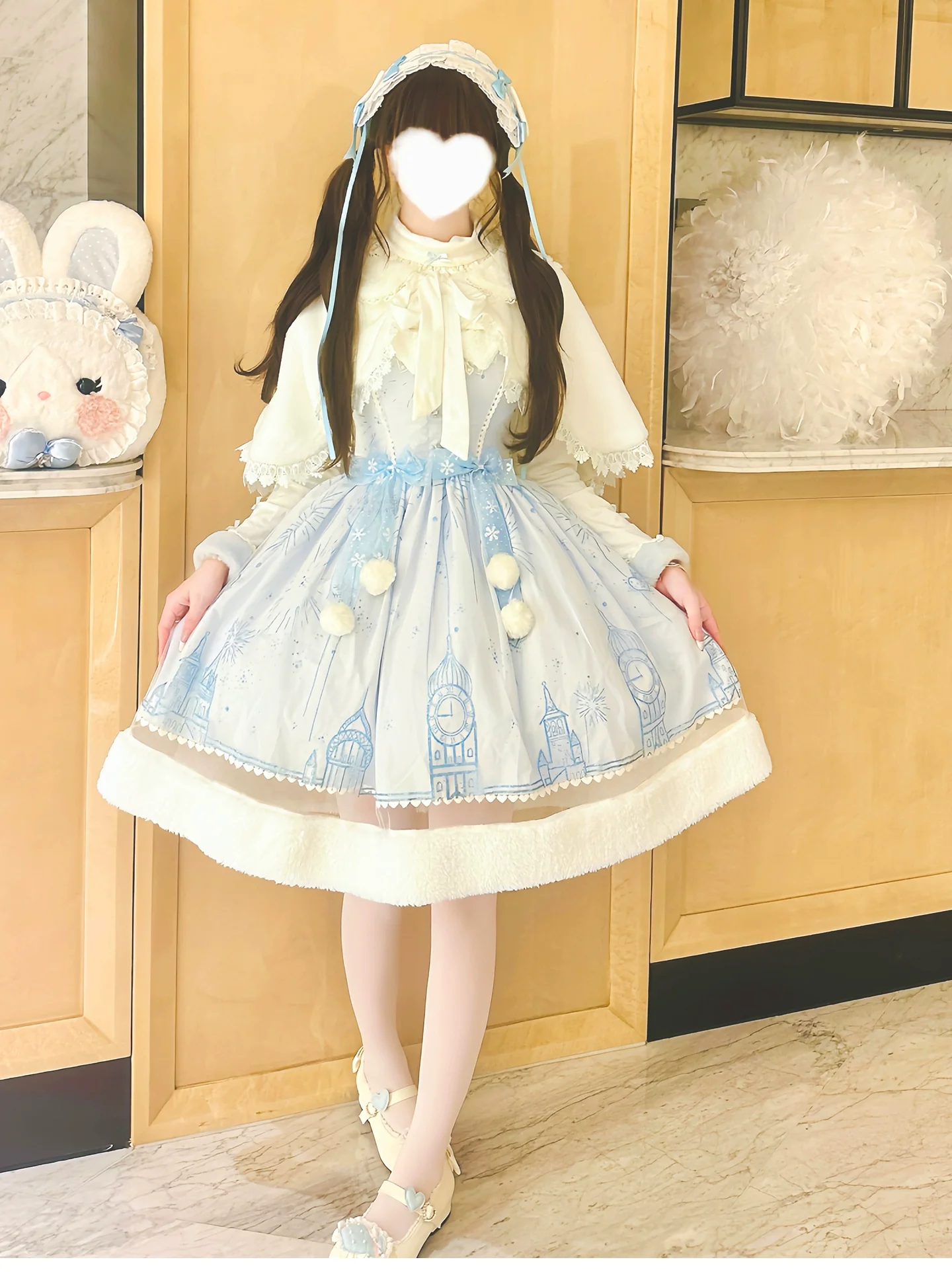 Snow Castle - Winter Sweet Lolita JSK Cape Dress, Blue Castle Print - Image 11