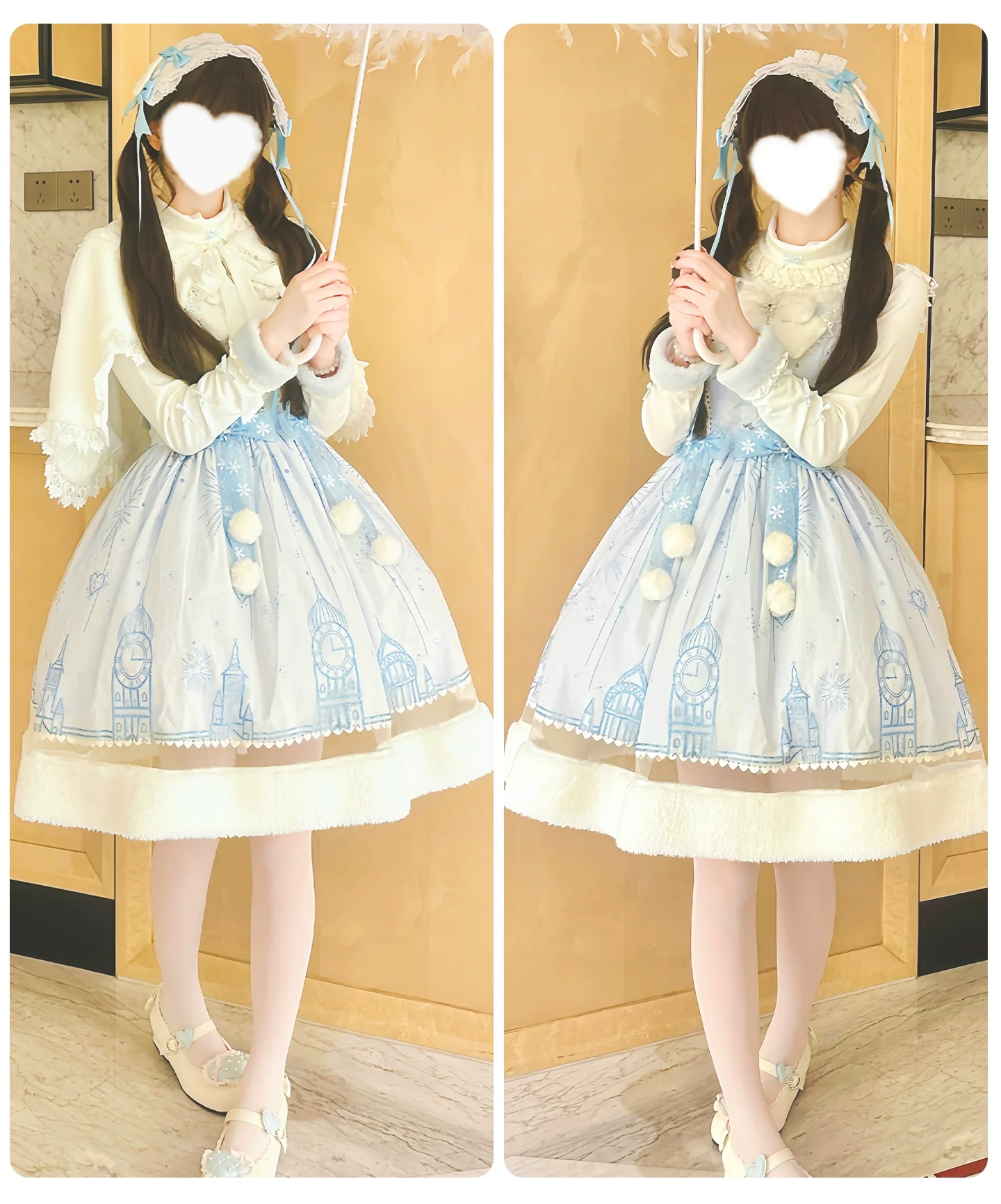 Snow Castle - Winter Sweet Lolita JSK Cape Dress, Blue Castle Print - Image 12