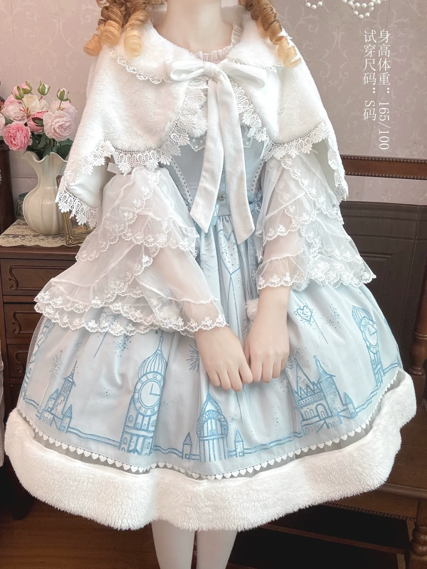 Snow Castle - Winter Sweet Lolita JSK Cape Dress, Blue Castle Print - Image 13