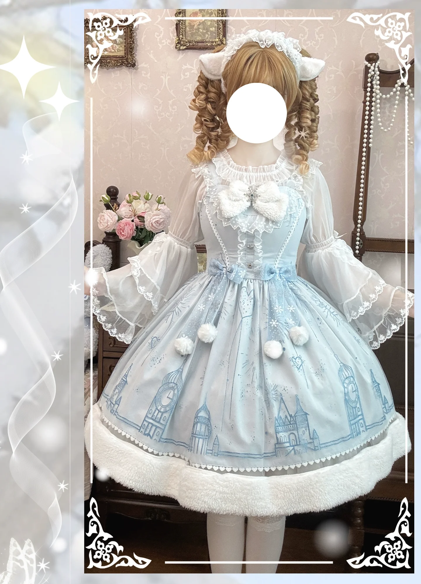Snow Castle - Winter Sweet Lolita JSK Cape Dress, Blue Castle Print - Image 14