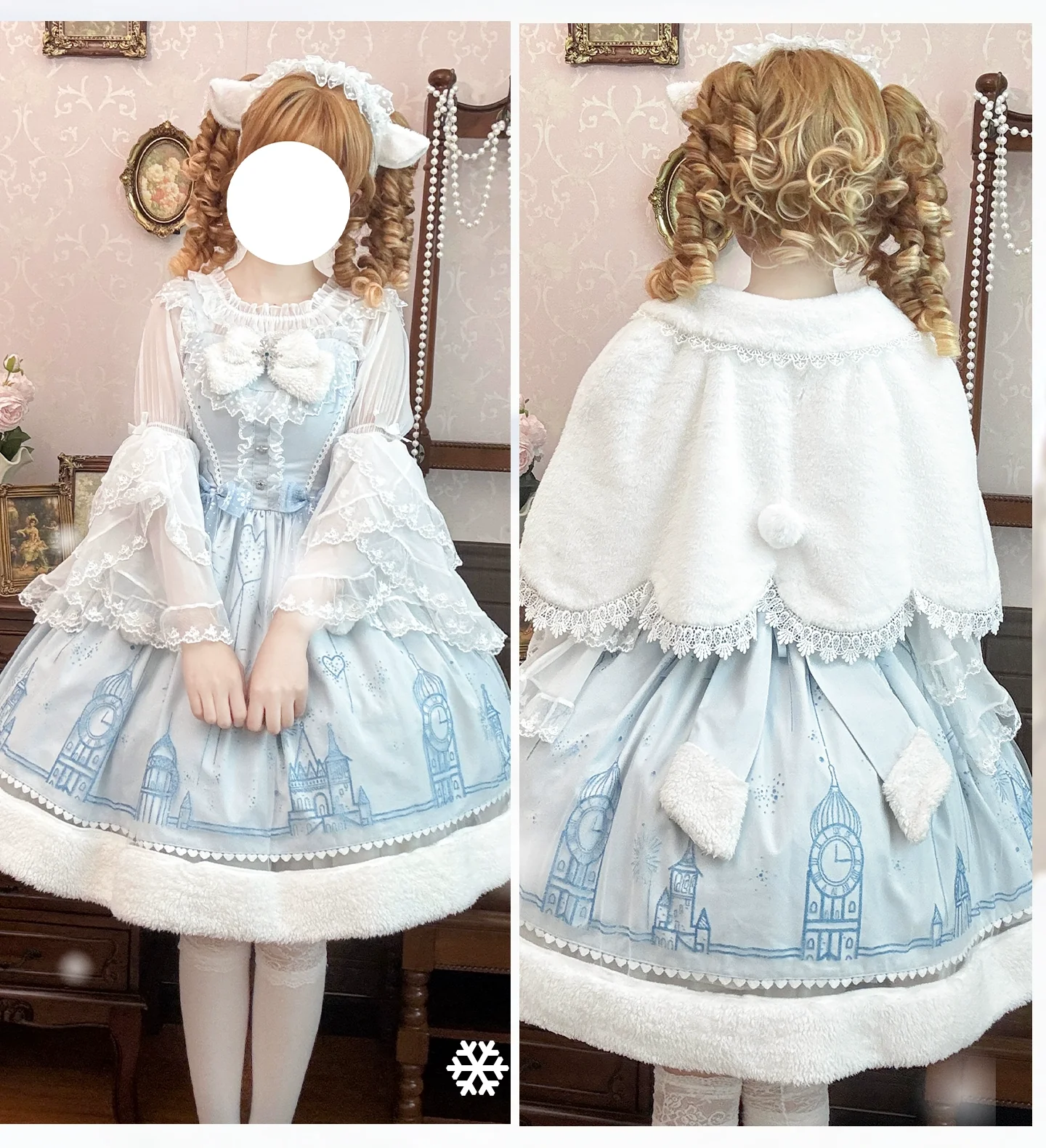Snow Castle - Winter Sweet Lolita JSK Cape Dress, Blue Castle Print - Image 15