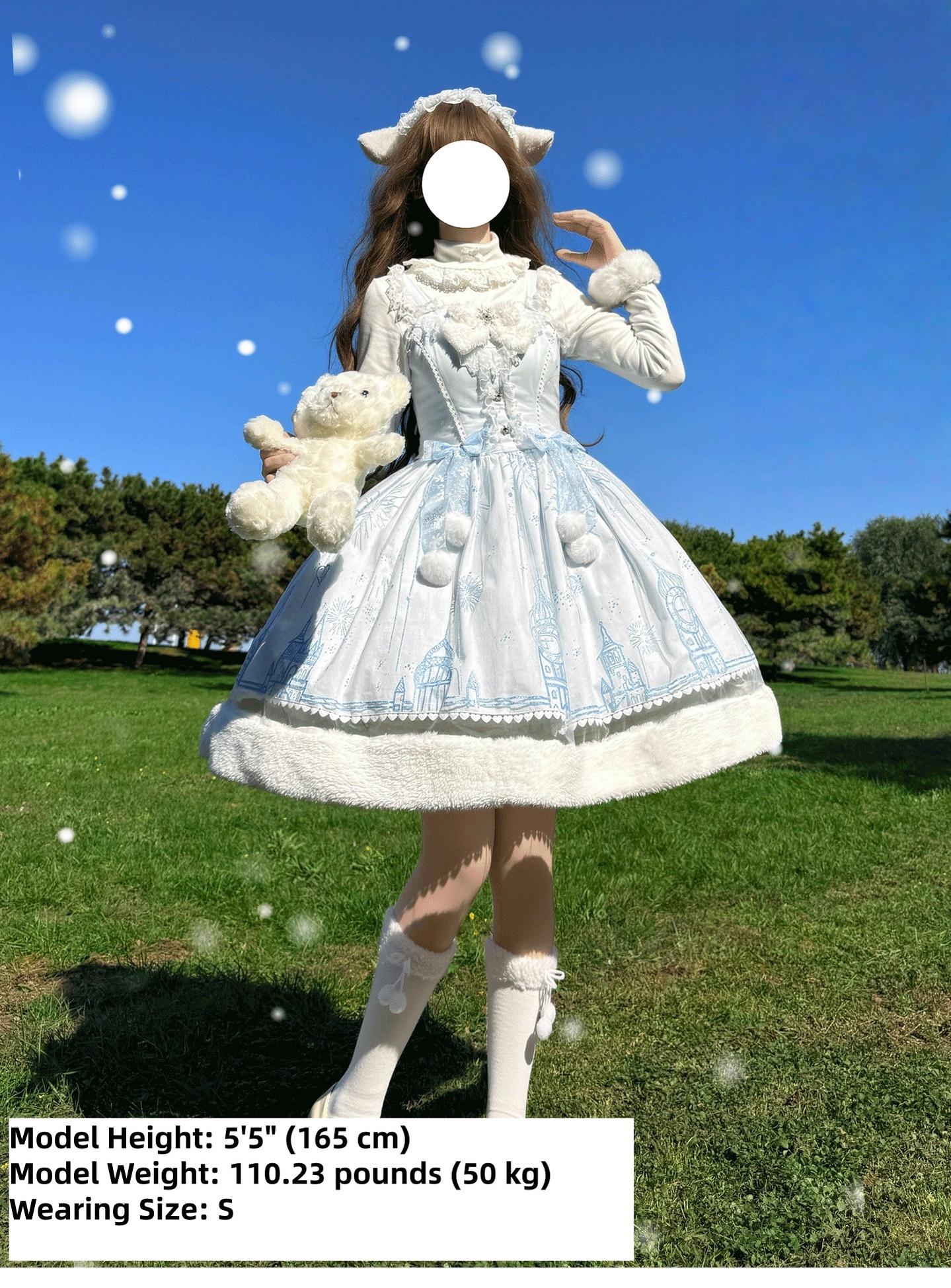 Snow Castle - Winter Sweet Lolita JSK Cape Dress, Blue Castle Print - Image 16
