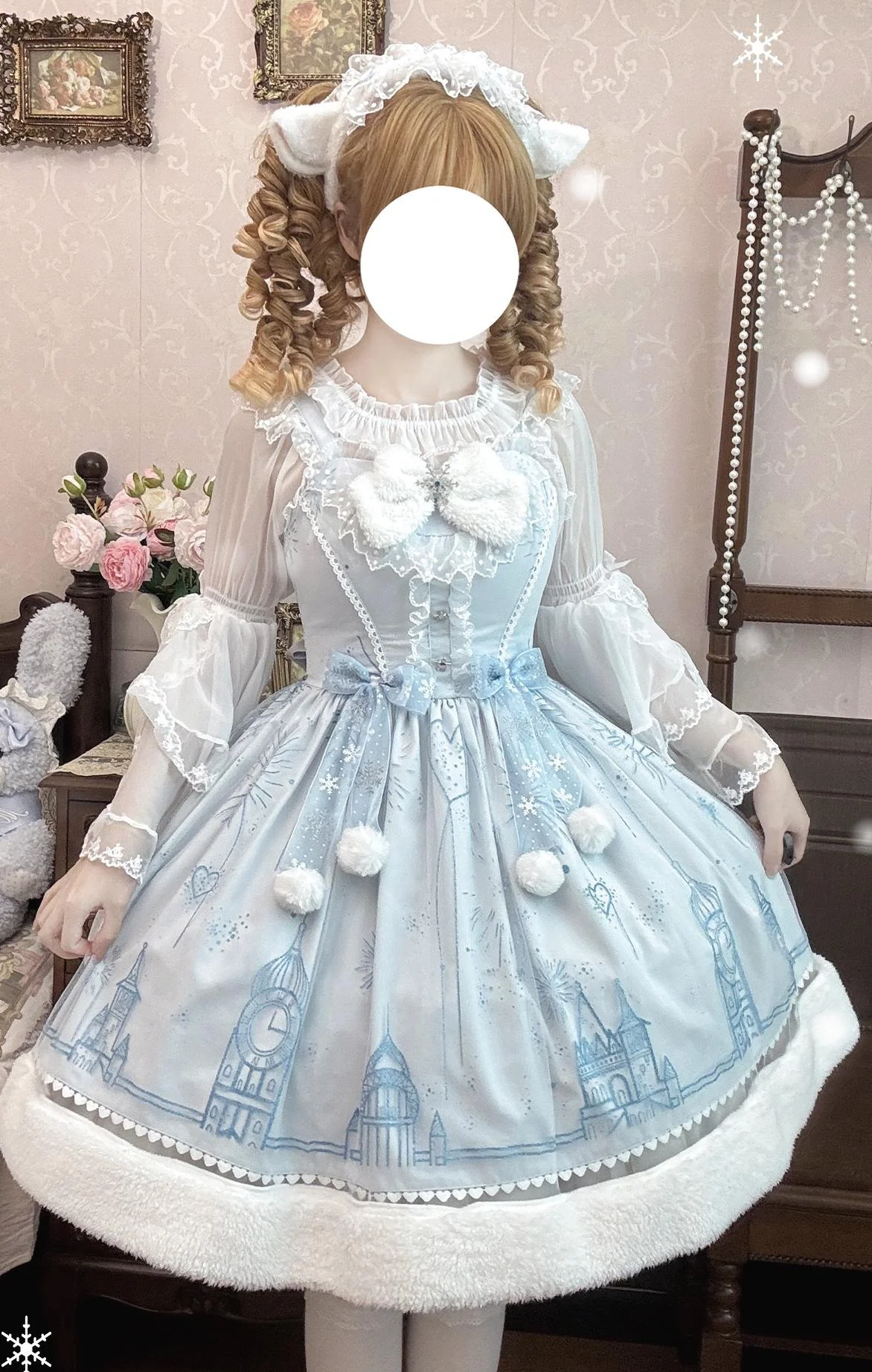Snow Castle - Winter Sweet Lolita JSK Cape Dress, Blue Castle Print - Image 2