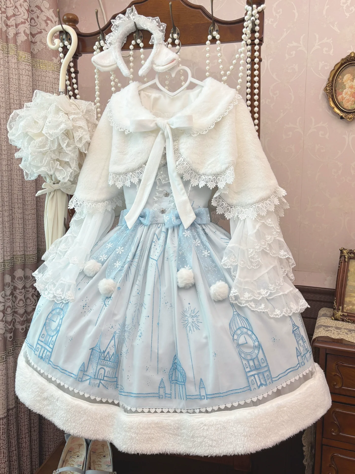 Snow Castle - Winter Sweet Lolita JSK Cape Dress, Blue Castle Print - Image 21
