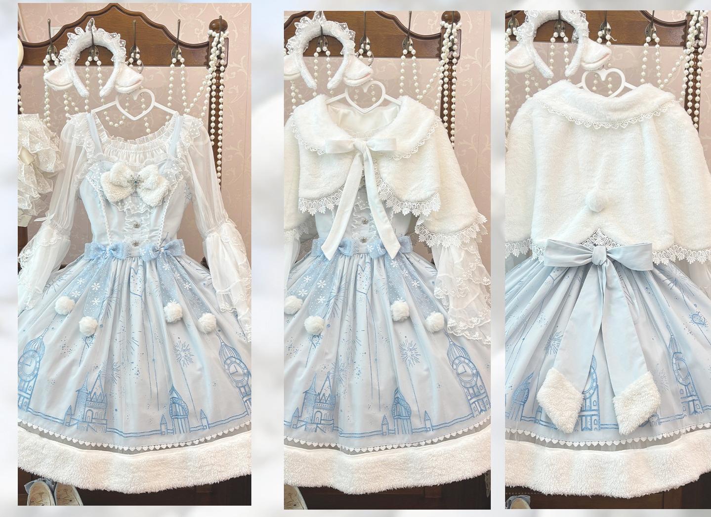 Snow Castle - Winter Sweet Lolita JSK Cape Dress, Blue Castle Print - Image 22