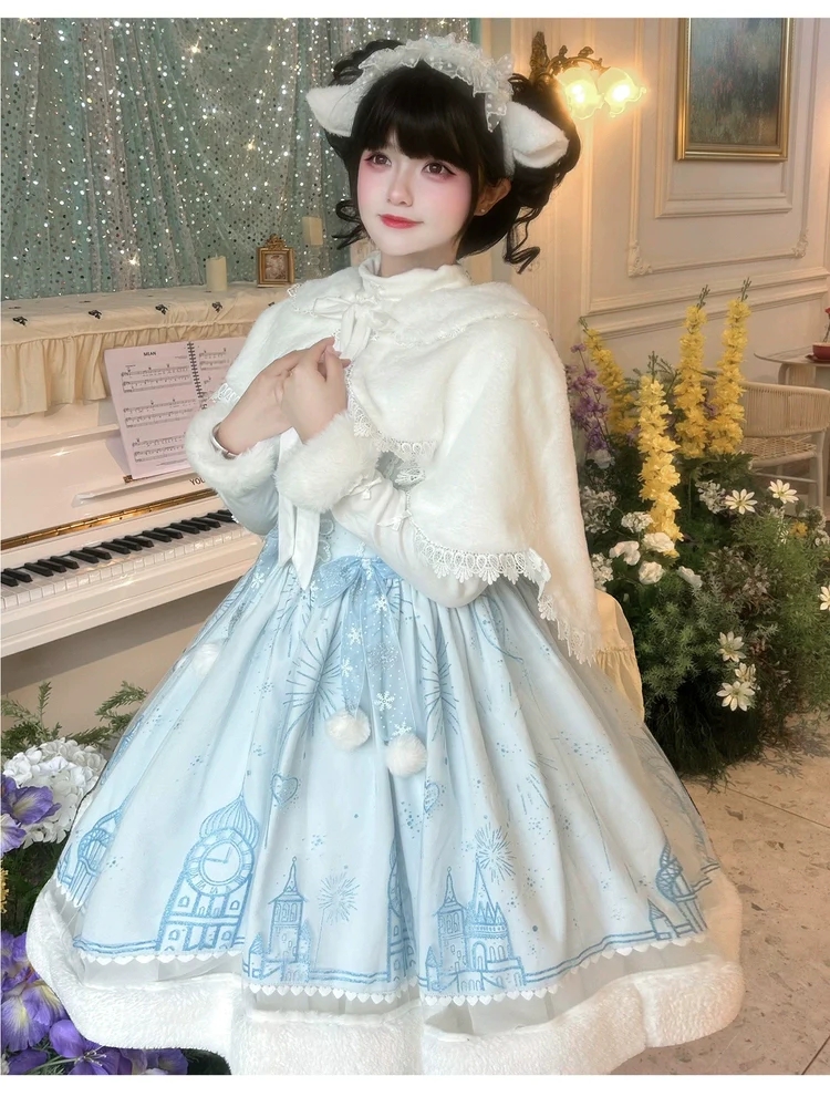 Snow Castle - Winter Sweet Lolita JSK Cape Dress, Blue Castle Print - Image 7