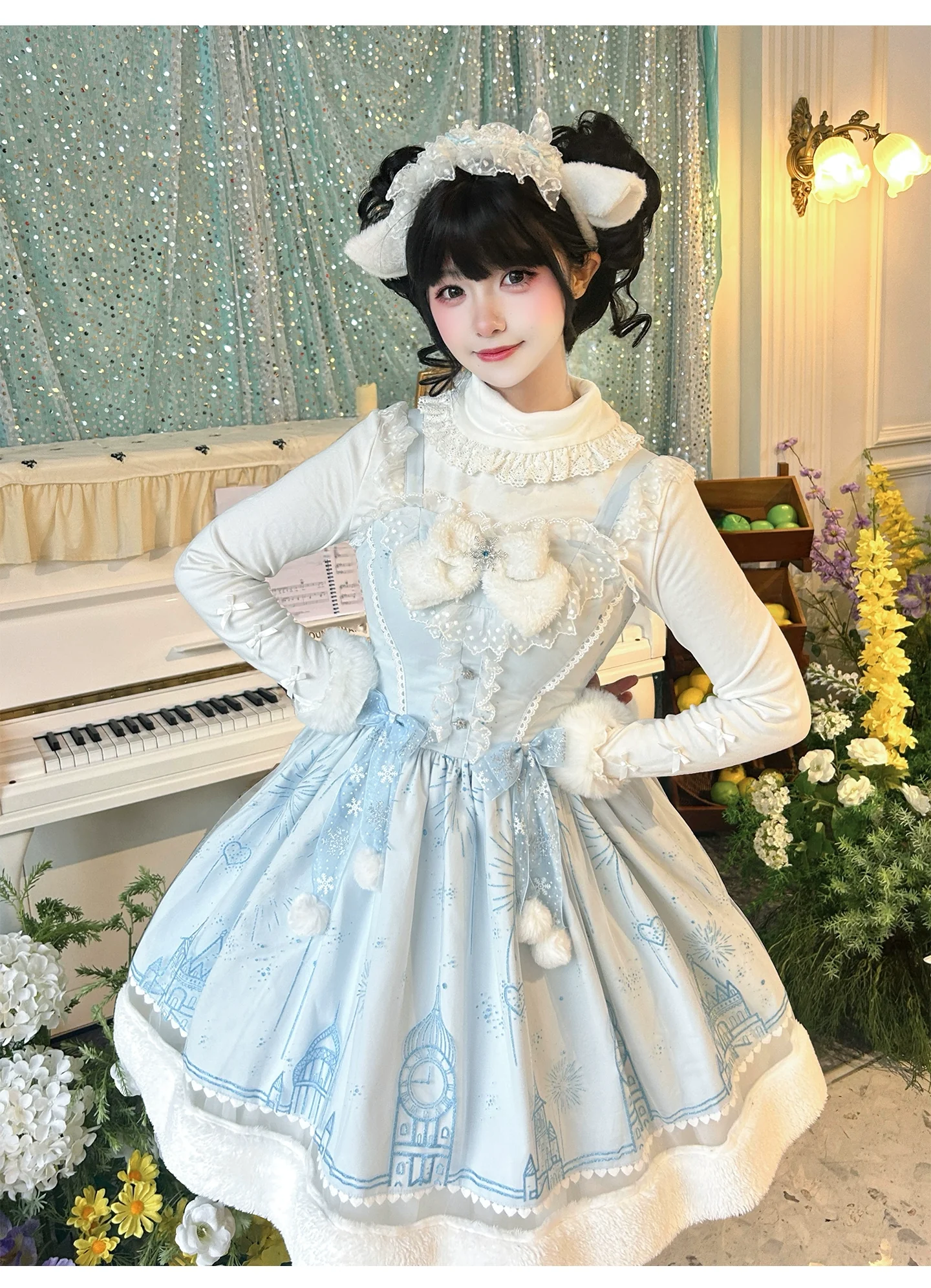 Snow Castle - Winter Sweet Lolita JSK Cape Dress, Blue Castle Print - Image 9