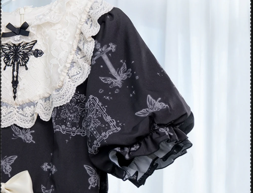 With PUJI - Gothic Butterfly Printing Embroidery Lolita OP - Image 15