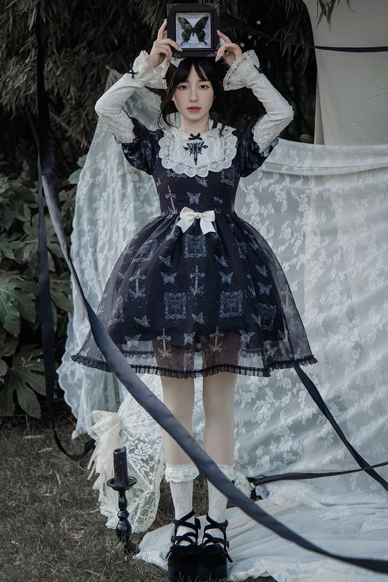 With PUJI - Gothic Butterfly Printing Embroidery Lolita OP - Image 4