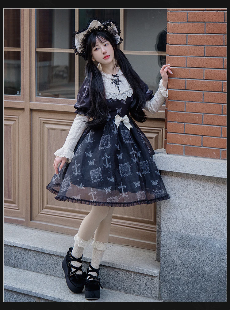 With PUJI - Gothic Butterfly Printing Embroidery Lolita OP - Image 6