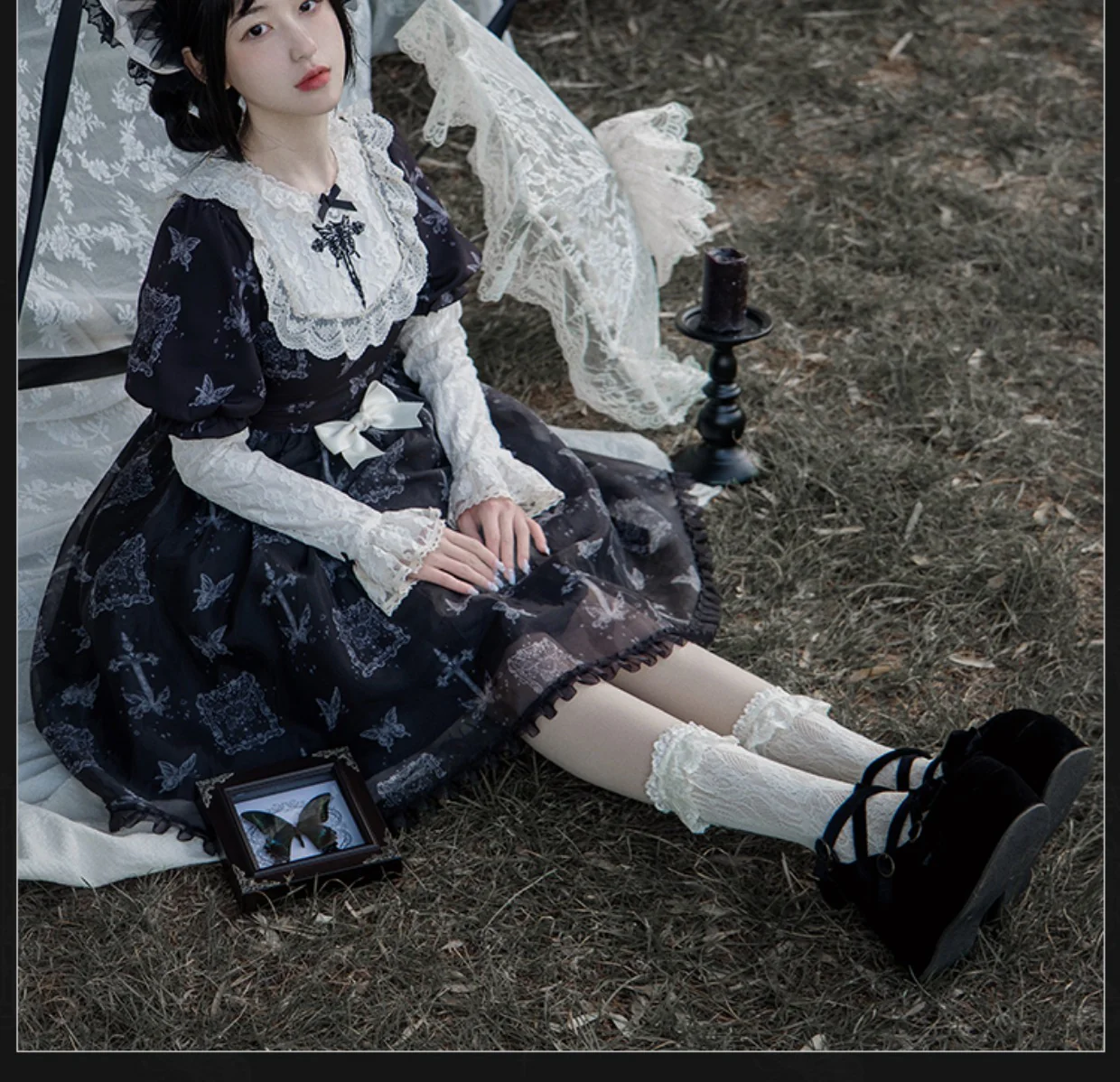 With PUJI - Gothic Butterfly Printing Embroidery Lolita OP - Image 8