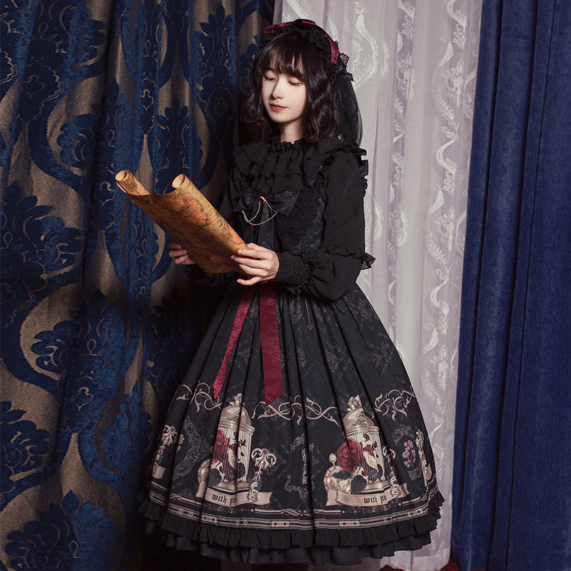 With PUJI - Nightingale and Rose - Gothic Black and Red JSK Dress - Image 11