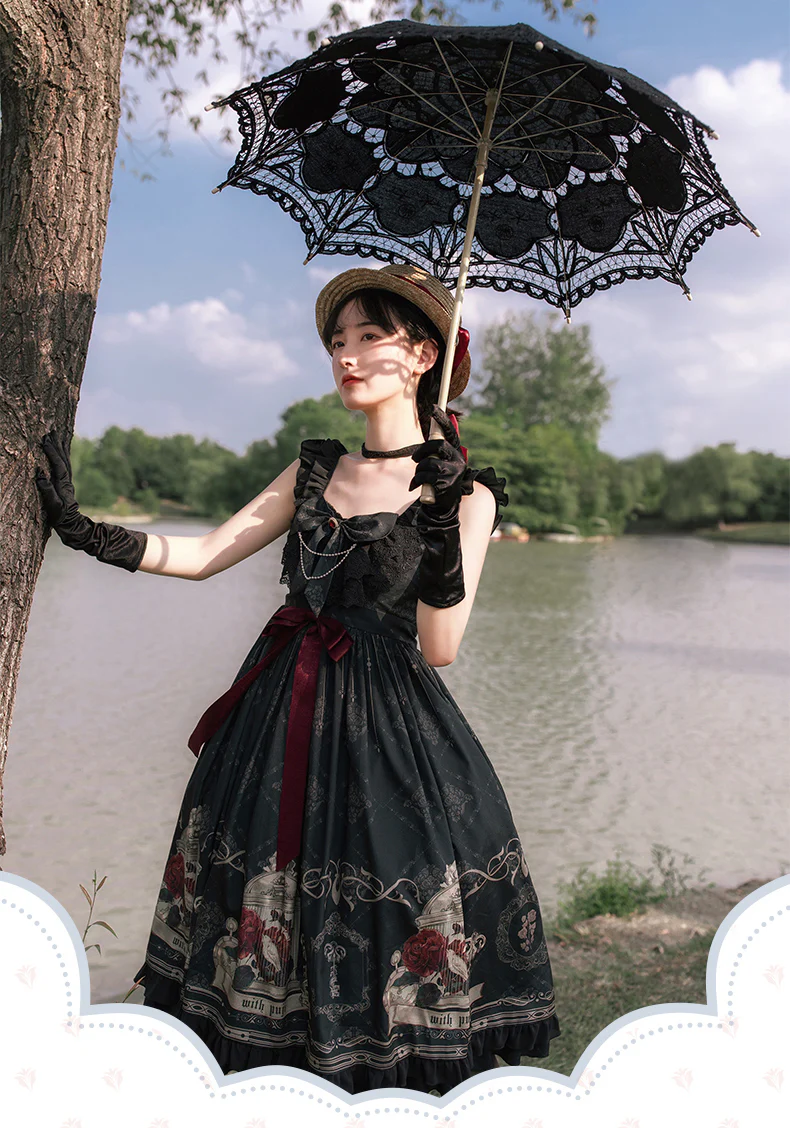 With PUJI - Nightingale and Rose - Gothic Black and Red JSK Dress - Image 7