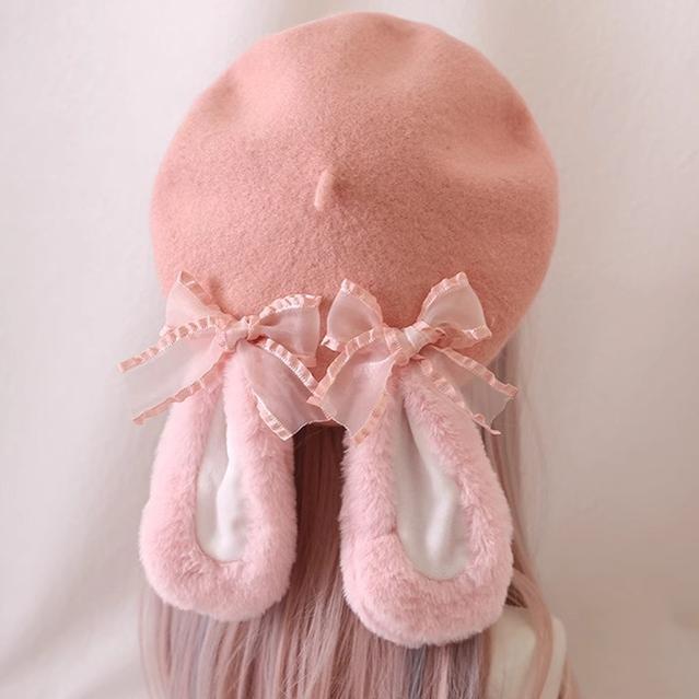 Xiaogui - Winter Lolita Beret Cute Pink Woolen Beret Lolita Hat - Image 3