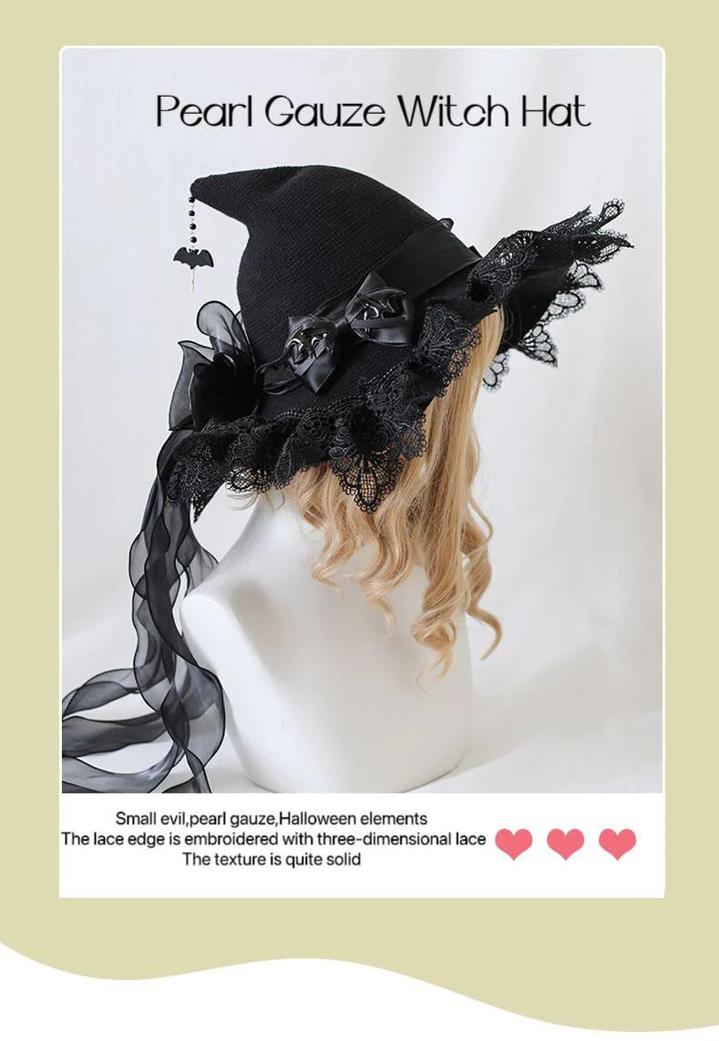 Xiaogui - Halloween Lolita Hat Devil Lace Woolen Witch Hat - Image 7