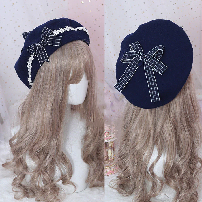 Xiaogui - Sweet and Lovely Daisy Bowknot Woolen Beret - Image 2