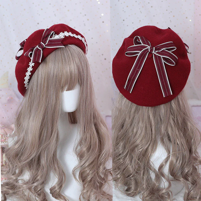 Xiaogui - Sweet and Lovely Daisy Bowknot Woolen Beret - Image 4