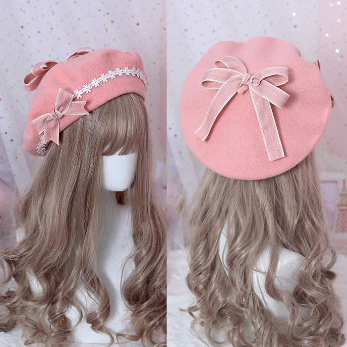 Xiaogui - Sweet and Lovely Daisy Bowknot Woolen Beret - Image 7