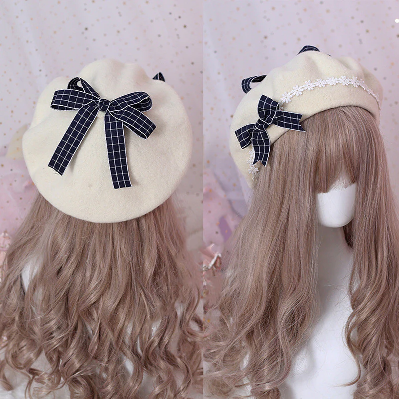 Xiaogui - Sweet and Lovely Daisy Bowknot Woolen Beret - Image 9