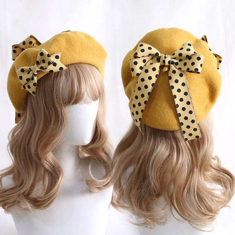 Xiaogui - Sweet Lolita Red Polka Dots Bow Beret Hat - Image 10