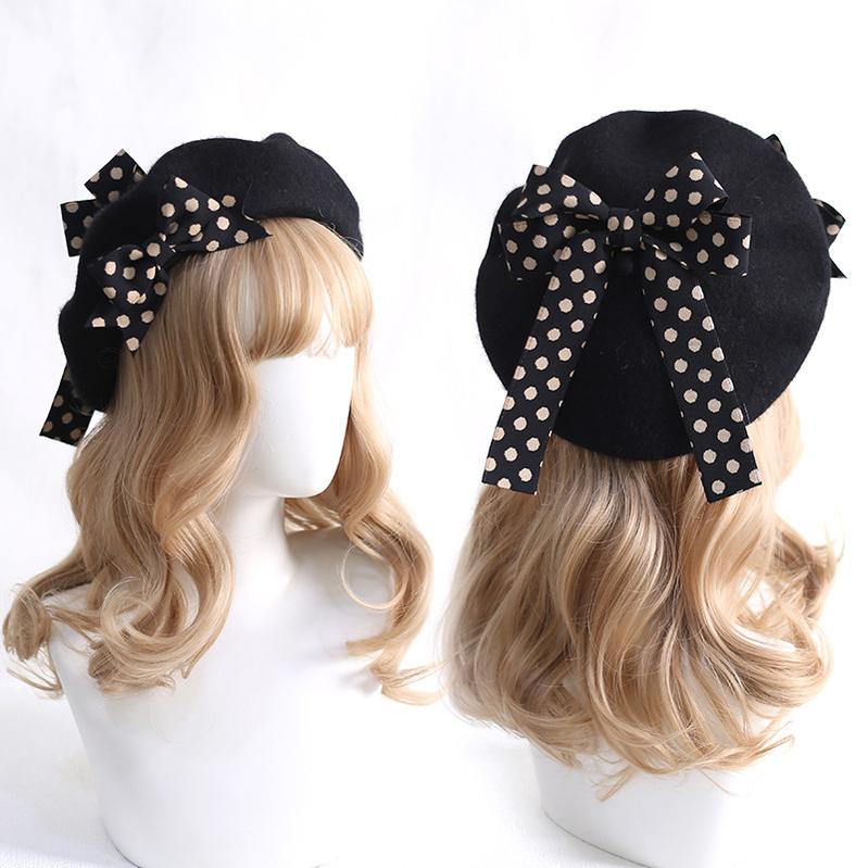 Xiaogui - Sweet Lolita Red Polka Dots Bow Beret Hat - Image 11