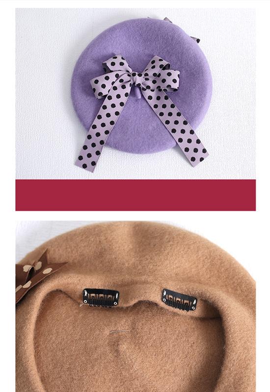 Xiaogui - Sweet Lolita Red Polka Dots Bow Beret Hat - Image 14