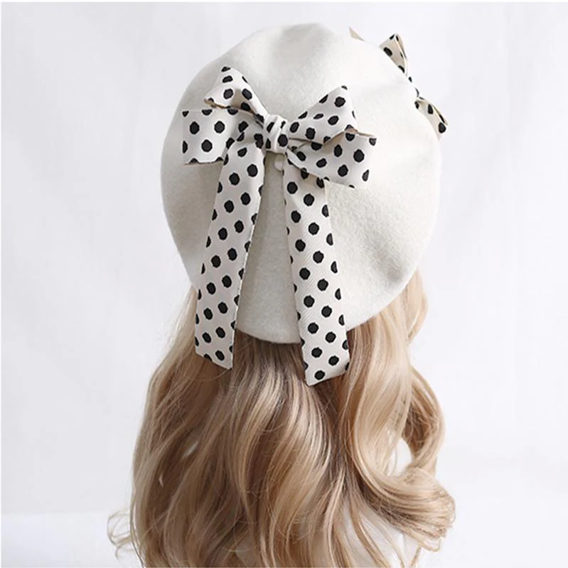 Xiaogui - Sweet Lolita Red Polka Dots Bow Beret Hat - Image 15