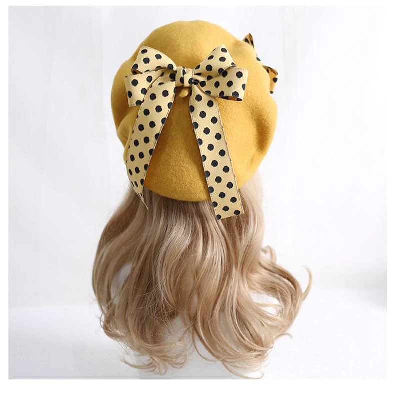 Xiaogui - Sweet Lolita Red Polka Dots Bow Beret Hat - Image 16