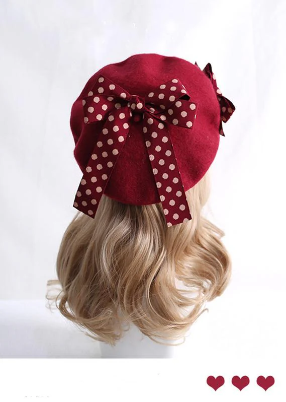 Xiaogui - Sweet Lolita Red Polka Dots Bow Beret Hat - Image 18