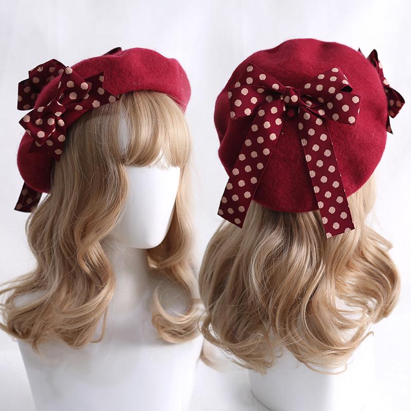 Xiaogui - Sweet Lolita Red Polka Dots Bow Beret Hat - Image 2