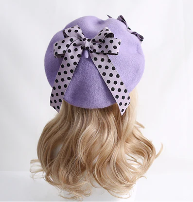 Xiaogui - Sweet Lolita Red Polka Dots Bow Beret Hat - Image 5