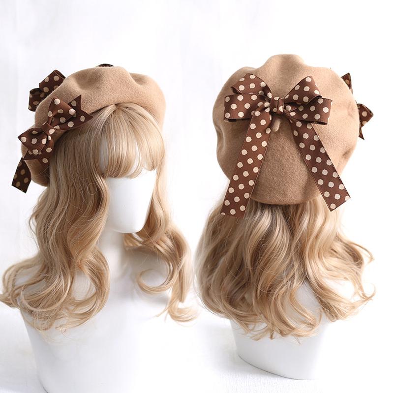 Xiaogui - Sweet Lolita Red Polka Dots Bow Beret Hat - Image 6