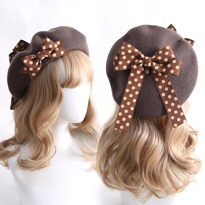 Xiaogui - Sweet Lolita Red Polka Dots Bow Beret Hat - Image 7