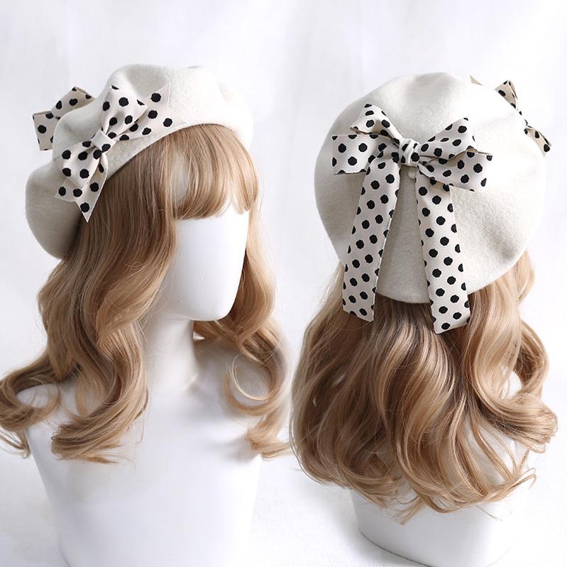 Xiaogui - Sweet Lolita Red Polka Dots Bow Beret Hat - Image 8