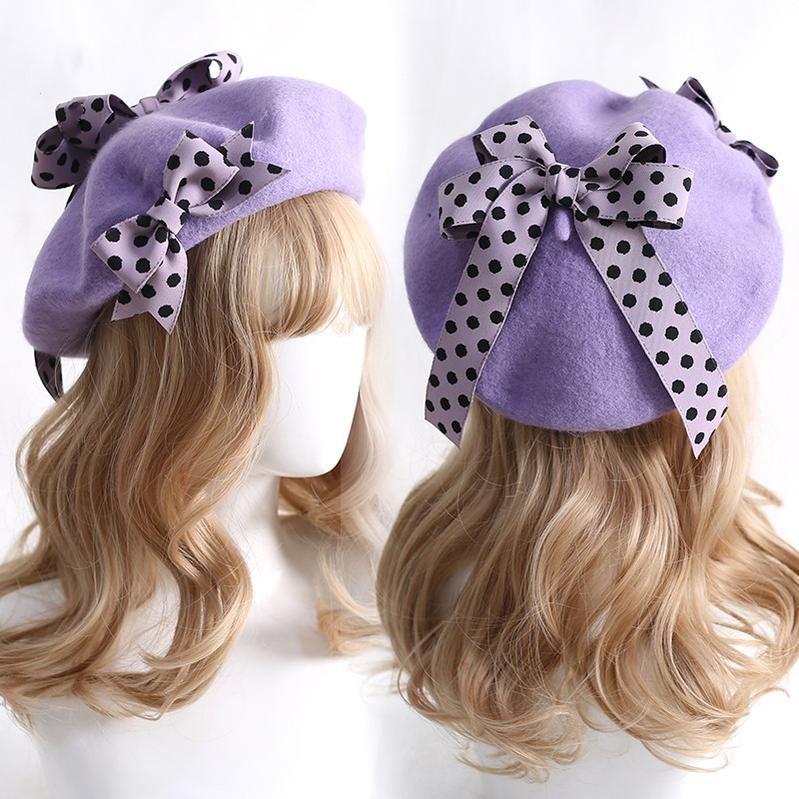 Xiaogui - Sweet Lolita Red Polka Dots Bow Beret Hat - Image 9