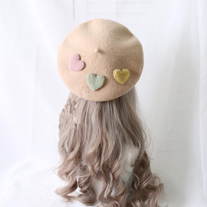 Xiaogui - Sweet Lolita Beret Loving Heart Wool Hat Multicolor - Image 3